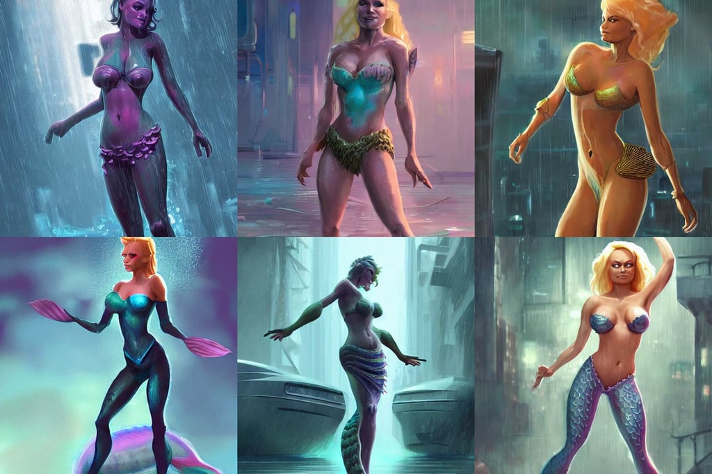 pamela anderson as mermaid, pixar and disney style, fight pose, soft color, knees up | rain falls | night : concept art for a scifi cyberpunk film. by g. rutkowski, warrior | high detail, licks lips