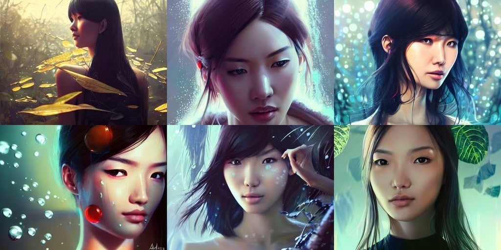 portrait art of kuze 8 k ultra realistic, water refractions, chilling on a leaf, gemma chan girl portrait, by guweiz and wlop and ilya kuvshinov and artgerm and josan gonzalez, art by marcela bolivar, destroyed alien technology