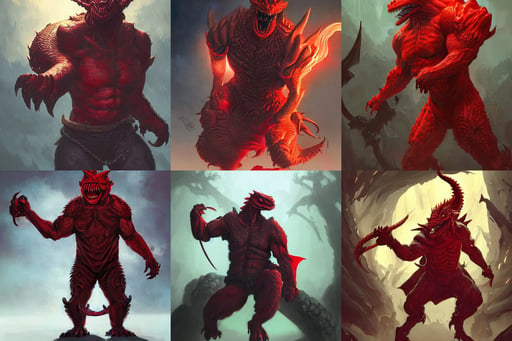 Full body portrait of a menacing bodyguard in scary red oni mask, color overlay, Peter chung, Cgsociety, rich bright colors, art by artgerm and greg rutkowski and magali villeneuve and wlop, asymmetrical intricate concept art, big cheeks!, 9 0 s look, scaly dragonborn male with lizard eyes, by rebecca guay