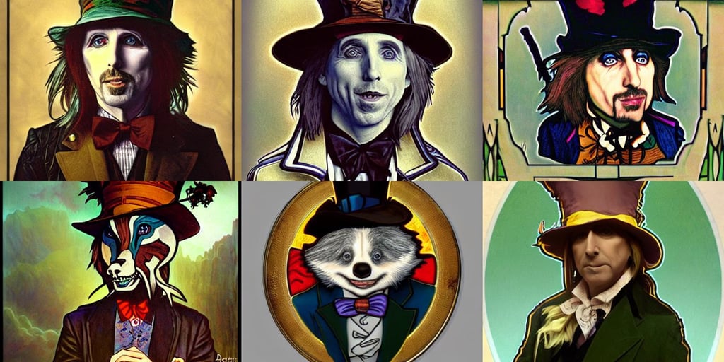 tom petty as the mad hatter, anthropomorphic badger, art by dragolisco, by ( ( ( ( ( alphonse mucha ) ) ) ) ). trending on artstation, chris mars, artistic hyperrealistic, tony sart highly detailed, monolithic structures