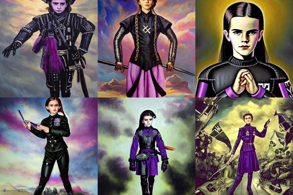 a painting of the most beautiful spaceship, nazi ss black leather uniform, perfectly-centered-painting of young Emma watson, feathered, purple tie, Armour and Crown, 6 0 s kitsch and psychedelia, street samurai, epic scale ultrawide angle, HD render to resolute focused perfecta resolution, dark shadow, uncany but fascinating, anne stokes, Diffused lighting, 3 5 mm camera, glow lighting, lean sleek styling, zbrushcentral, 'Groovy'', close-up shot, Peter Mohrbacher Takayuki Takeya moody