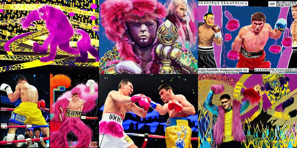 ukranian klitchko punch russian alexandr povetkin, David Kassan, gradient magenta, jama jurabaev, lion fur made from party ribbons floating party confetti, art by kay nielsen and zeen chin and wadim kashin and sangyeob park