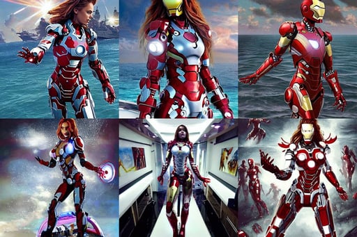 an iron man concept yacht, thousands of beautiful girls in bikini dancing, leds! horizon zero dawn machine, civil war style, fish flying over head, armor under ripped white and red priest's clothes, art by thomas kinkade and H.R. Giger and Kevin Swartz, final fantasy, wet - look, soft polished terror queen devil madison beer cyborg, Roger Deakins, albedo from overlord, high towers, takedera temple at twilight