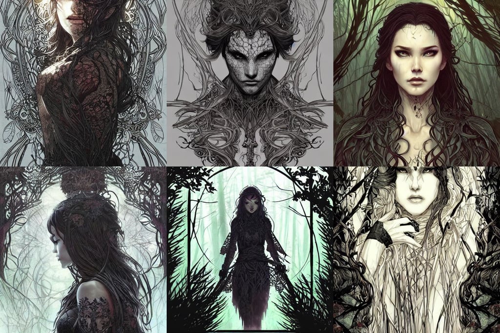 Furious god of the forest, concept sketch, black lace, very intricate, tunic, ginger wavy hair, art by artgerm! greg rutkowski magali villeneuve wlop!!!! ilya kuvshinov!! stained glass