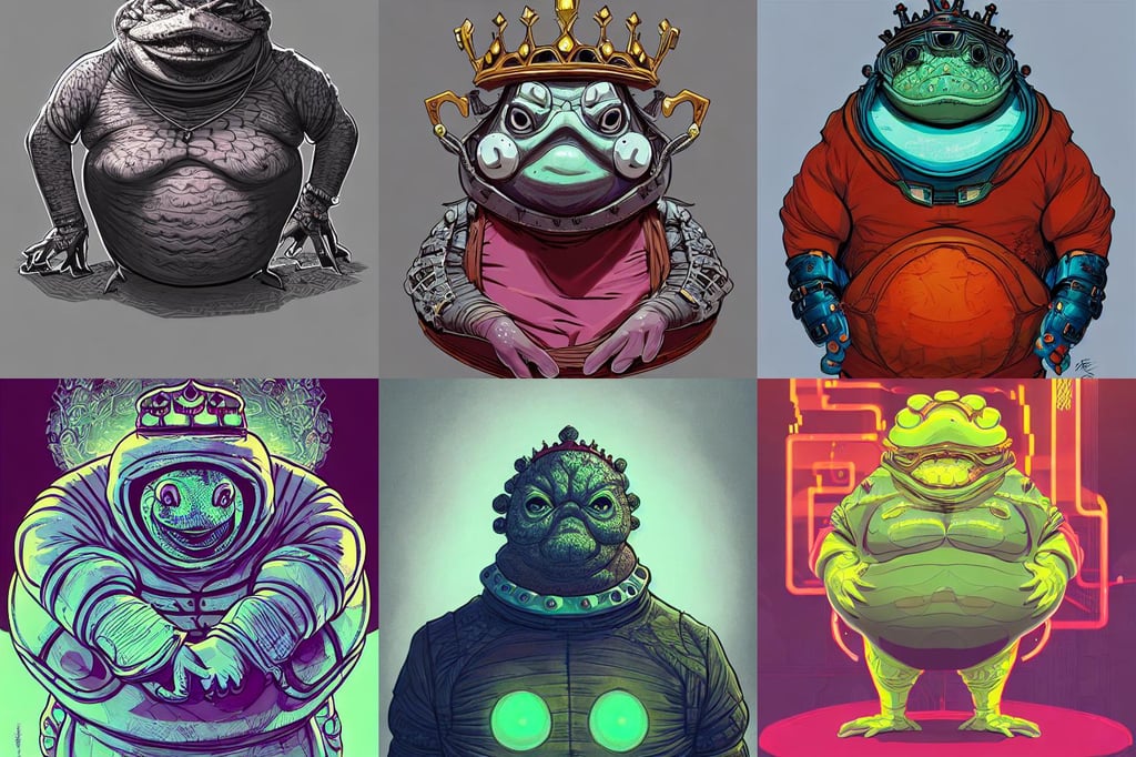 a fat slimy anthropomorphic toad king wearing ornate cyberpunk armor, bust shot, smooth, intricate, elegant, power aura, digital painting, artstation, concept art, sharp focus, illustration, art by josan gonzalez, high contrast