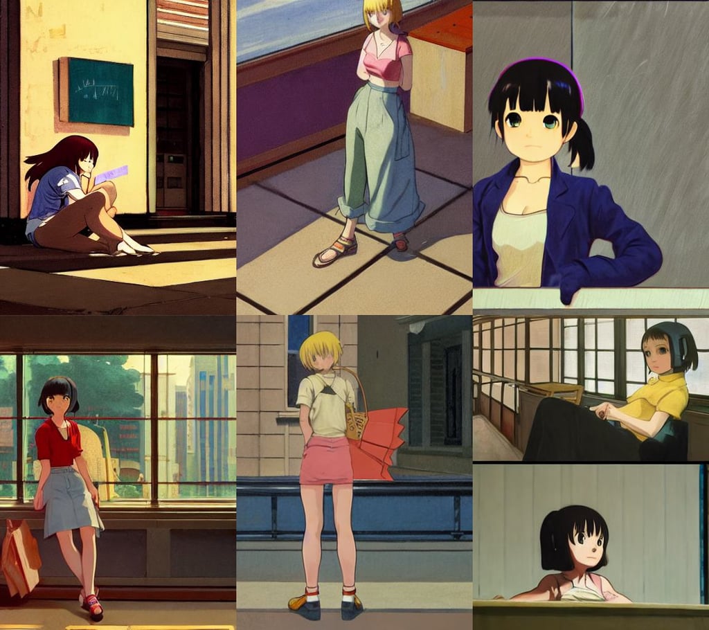 full body cute e-girl, art by Joseph-mallord William Turner, film grain, realistic, art by Edward Hopper, art by Artemisia Gentileschi, art by miyazaki and Ian McQue and Akihiko Yoshida and Katsuya Terada, by Studio Trigger for Nichijou, high octane render;