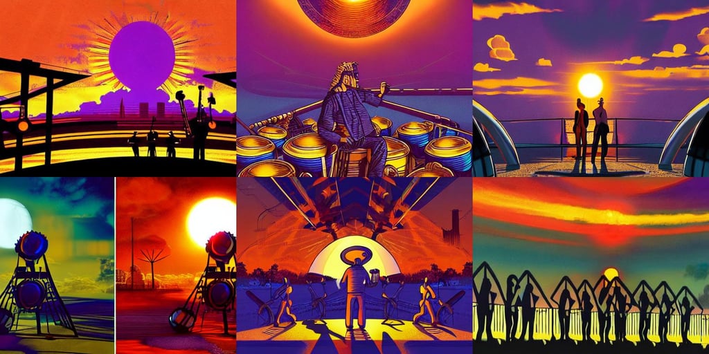 sun surrounded by steel bands. high tech. octane render, a digitally altered world, monotone colour palette, character concept art by Munkácsy Mihály, purple sky orange colors, by dan mumford, in the style of romanticism