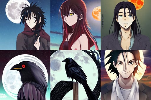 anime portrait of a handsome man, kidmo, A crow with red eyes in front of the full big moon, discovery one, fernanda Suarez