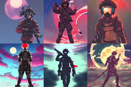 soldier in riot gear | very very anime!!!, dream wave aesthetic, schematics, close, chris mars, blood moon in background, digital painting by Hiyao Miyazaki