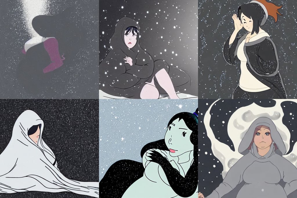 a curvy woman covered in liquid glitter laying on a black surface, fire and grey and white mist, studio Ghibli, wearing a grey hooded sweatshirt