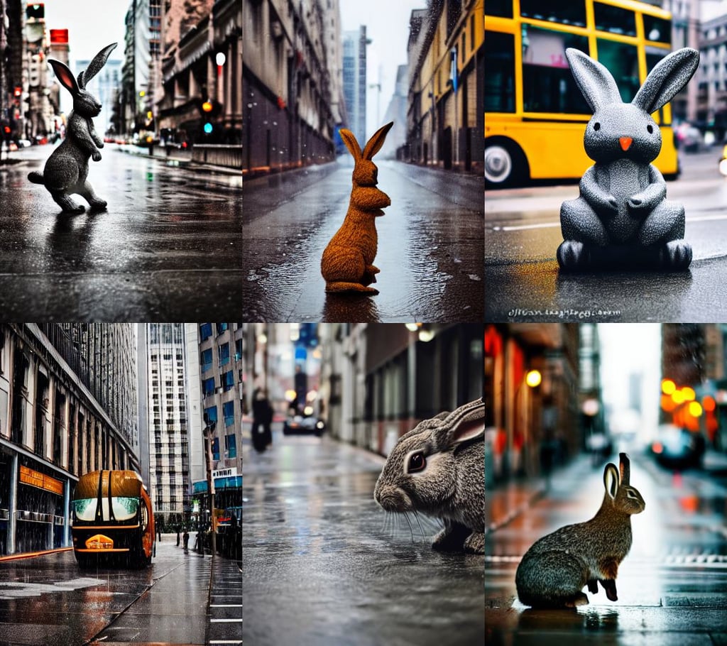 A giant rabbit on a rainy city street, DSLR 10 megapixels