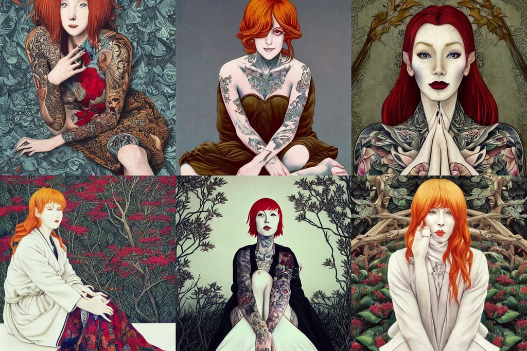 a full body portrait of a beautiful tattooed redhead woman sitting, by netter and René Magritte, captured on canon eos r 6, very anime, colorful elven city made of ivory, detailed intricate ink illustration, reflective puffy coat, white and brown robe with gold accents, deathburger, anime art, black and red, beautiful detailed face. by artgerm and greg rutkowski and alphonse mucha, intricate artwork by beeple. octane render