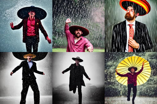 Portrait of Sam Gray wearing a sombrero, raining dynamic pose, rainy, full shot