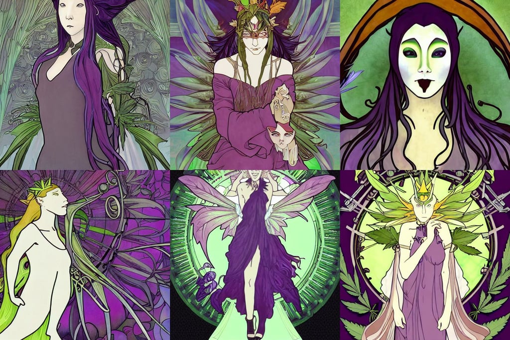 anonymous as marijuana, by studio ghibli and alphonse mucha, cyberpunk colors, dangerous Cate Blanchett's Galadriel as a queen of fairies, digital painitng, herrarthstone, wearing translucent earthtone fashion, short purple black fade hair!!!!!!, trending on deviant art, smiling sweetly, hellish, graphic print