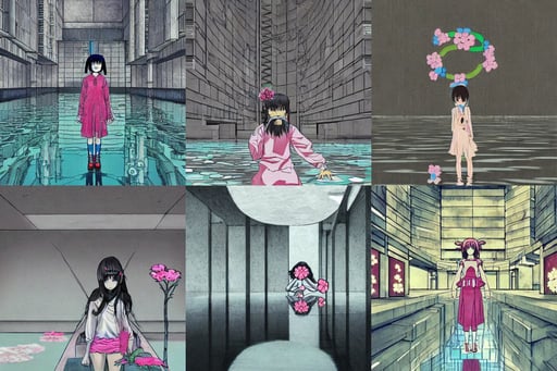 concept art of big brutalist base, inspired by innocent manga, water reflection on the floor, ambient, beautiful portrait of a Japanese girl sticking her tongue out with flowers in her hair, clear lines, paws