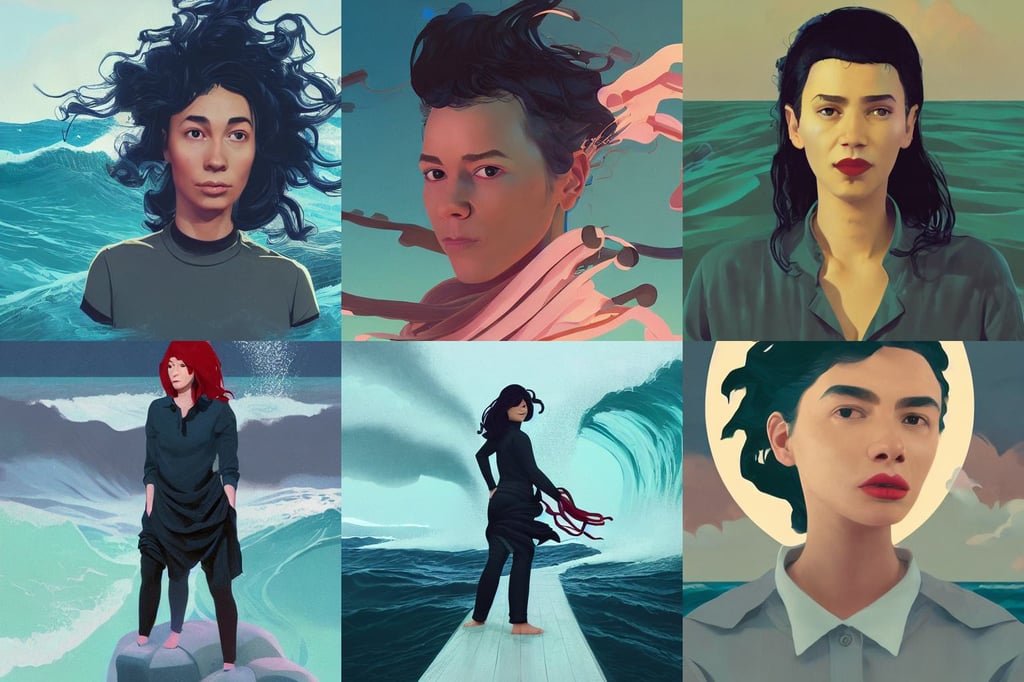 portrait of a modern mixed-race woman wearing a dark shirt, stormy sea with huge waves, lasso tool, wispy bangs, octane rendering 8 k, isometric 3 d, art by sachin teng and sergey kolesov and ruan jia and heng z, Agam Yaacov, clean and simple, vector crow, atey ghailan and warhol, insignia, the woman is leaning against the man, abandoned ruins of the corporate empire, John Harris, photorealist, old scuba, three moons, over the shoulder shot, neon signs outside, disgusting