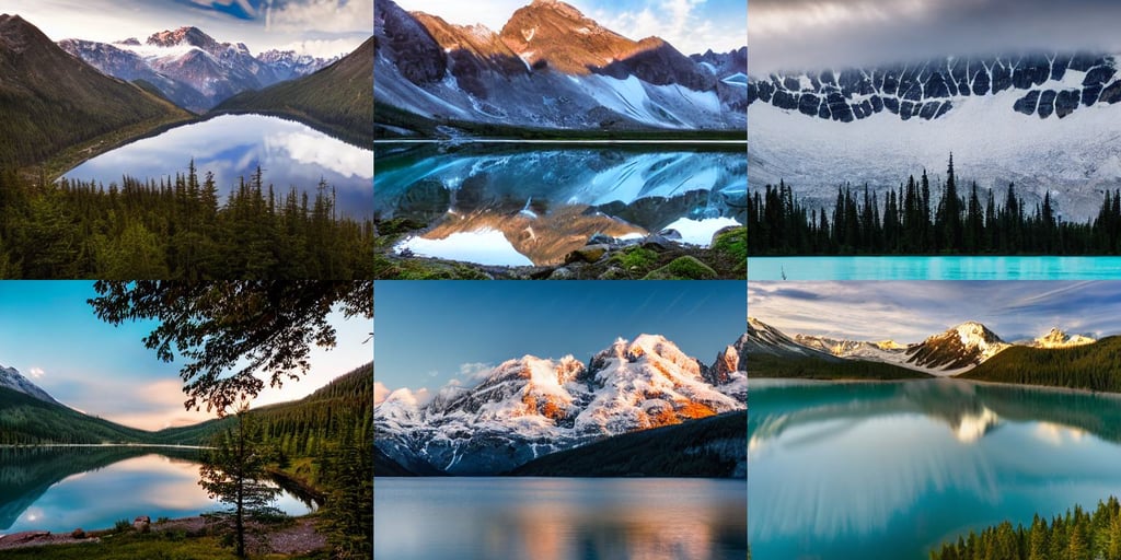 Mountains, trees, clouds, and a glacial lake with ripples, in the evening