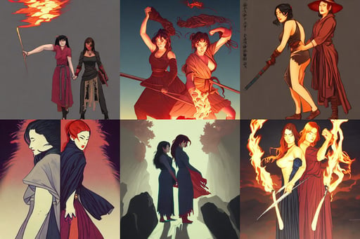 a female pyromancer and a female necromancer standing together, artgerm trending on artstation by Edward Hopper and Dan Mumford and WLOP and Rutkovsky, under light, alone, by hokusai, flowing hanfu