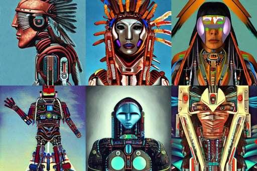 futuristic cyberpunk native american robot, art by Sandro Botticelli