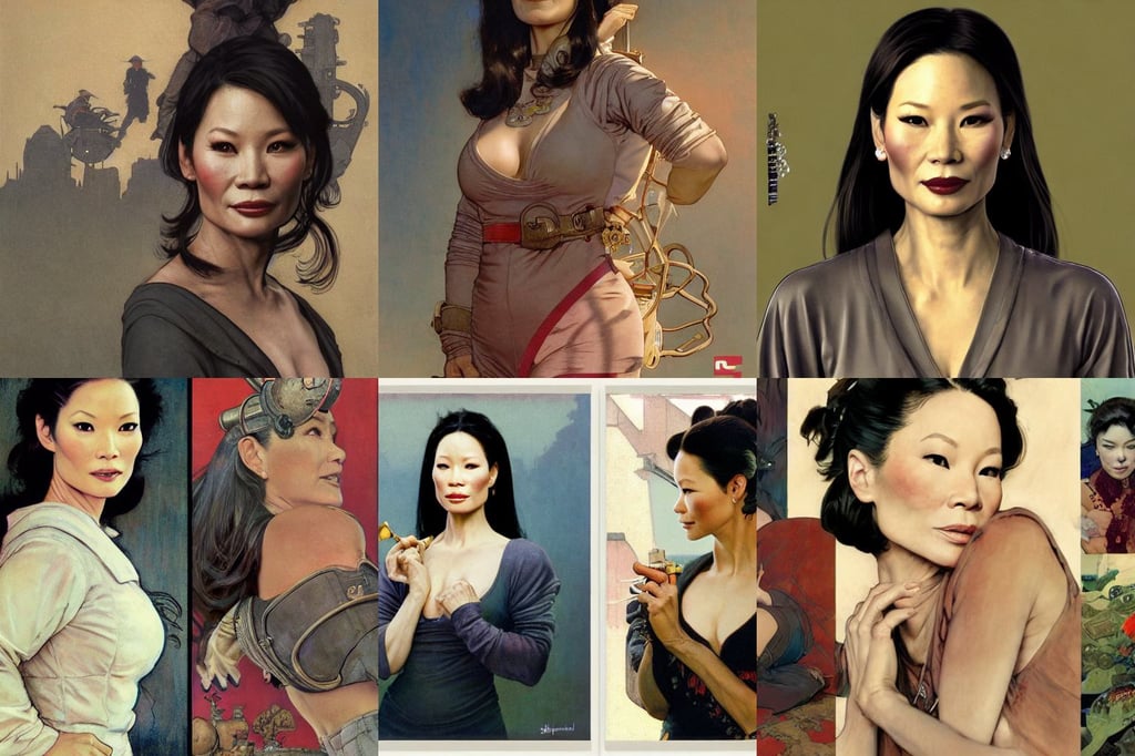 Lucy Liu portrait, circuit queen, and frank frazetta, smoky, by norman rockwell and artgerm and loish and wlop and alphonse mucha, muted moorland colors, street vendors, 8 k highly detailed, dressed in patient clothes and an open sweatshirt, portrait of a black hair girl with empty eyes, murloc tinyfin, 3d octane render, made of shapes, in the style of Alphonse Mucha, sitting in her car, in the midst of high mountains, art by diego fazio and diegoKoi stanley lau, Rachel Walpole, 8K concept art