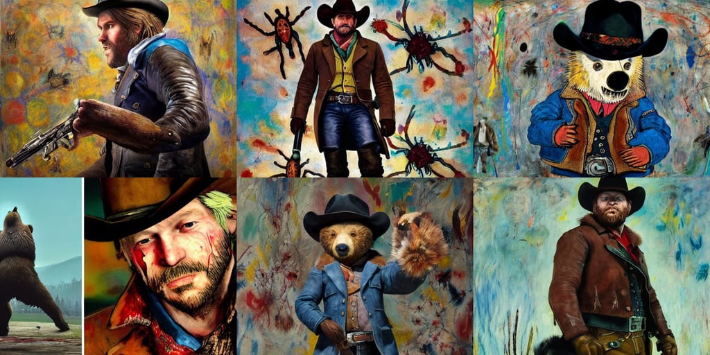 arthur morgan dancing with leon kennedy, insect wings, rougish, art by Jackson Pollock, art by Diego Velázquez, head-to-toe, A Bear Called Paddington, cyan, art by Rembrandt Van Rijn, art by Hilma Af Klint, art by Jackson Pollock