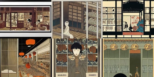 A general goods store viewed from the inside, art | by takato yamamoto and james jean, diffused natural skin glow, poster art