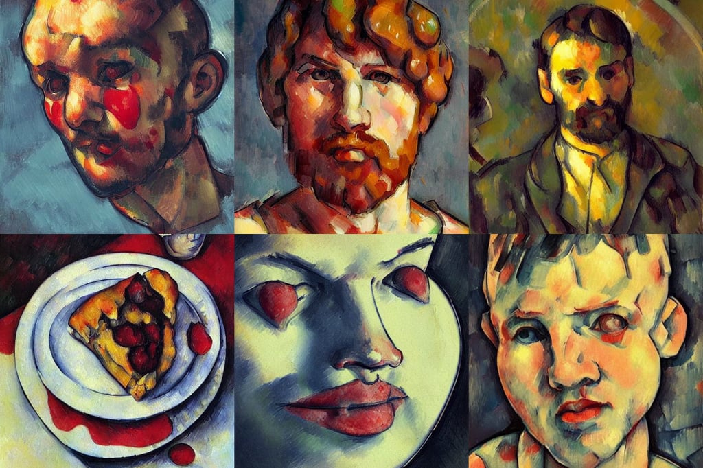 buttered scones with strawberry jam, art by Paul Cézanne, art by Domenikos Theotokopoulos, shiny beautiful eyes beautiful face, concept art, dark, cinematic lighting, art deco