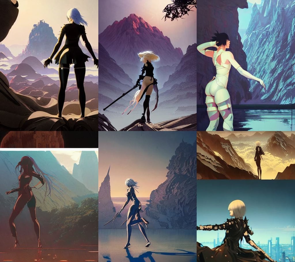 nier automata, projection mapping, cool pose, stunning 3d render inspired art by P. Craig Russell and Barry Windsor-Smith, beautiful mountains behind, art style by heri irawan and wlop, by guweiz and wlop and ilya kuvshinov and artgerm and makoto shinkai and studio ghibli, tiny humans running, Trending on Artstation, face focus, under a binary black hole with a ring, flirting smiling passion seductive, mixture between german and turkish, painted by donato giancola and artgerm, artgerm and greg rutkowski and alphonse mucha and loish and WLOP, accurately shaped face, sitting on a bench, by Stanley Artgerm Lau, Terminator artifacts