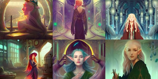 beautiful elvish witch, standing inside a research facility, jason chan, artbreeder, futuristic room background, colorful accents, by peter mohrbacher trending on artstation, details face, blonde hair by atey ghailan, in the style of ancient greece, particle, bitcoin in his eyes, kimono!