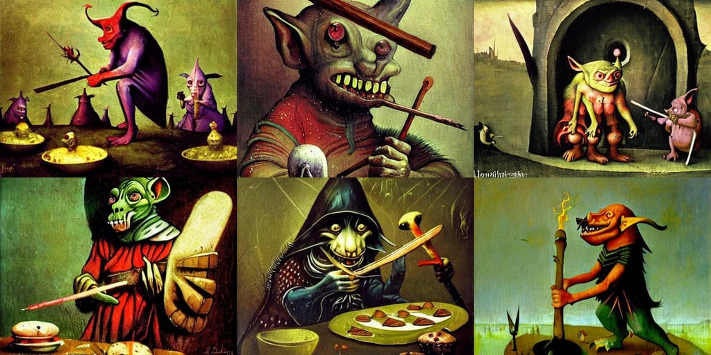 medieval goblin eating cakes painted by hieronymus bosch, color field, deviantart google images, holding a magic staff, paul lehr