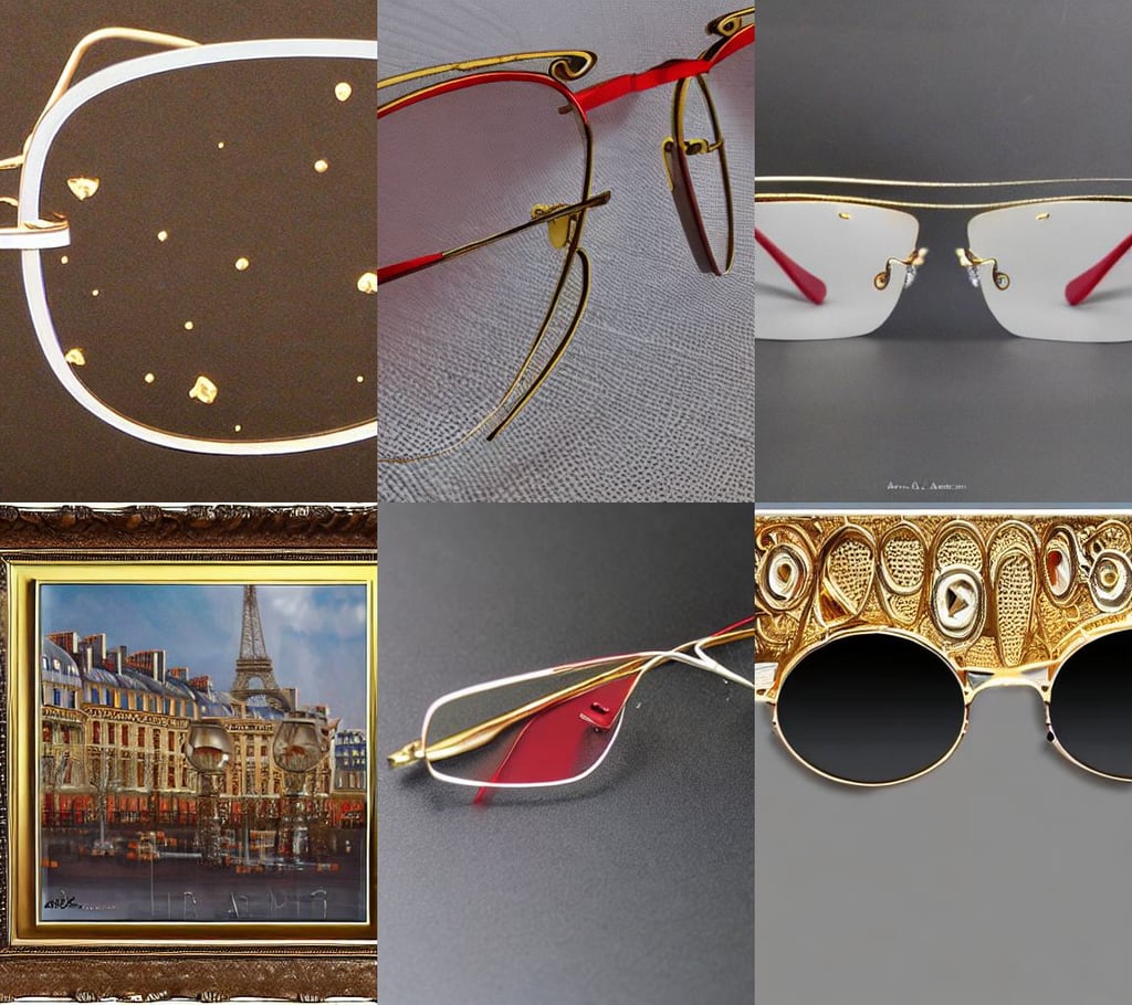 yogurt meteor crashes into paris, art by artgem, gold and red filigree, silver small rimless glasses