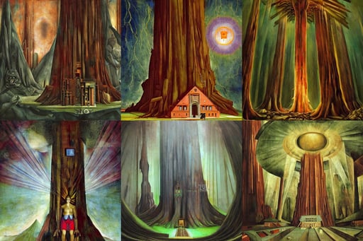 technologically advanced civilization built inside a redwood tree, art by Giotto Di Bondone, art by Magdalena Carmen Frida Kahlo Claderón, dramatic atmospheric lighting, red oil, artstation, factory setting, art by Francis Bacon, real life, green eyes, art by Eugène Delacroix, art by William Blake, art by Wassily Kandinsky - Photo, art by Paul Gauguin