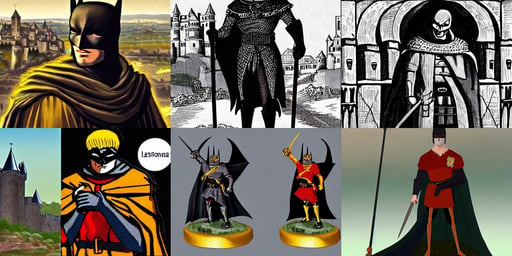 medieval young king standing outside city of carcassonne, full figure portrait of gothic gritty old berserk batman