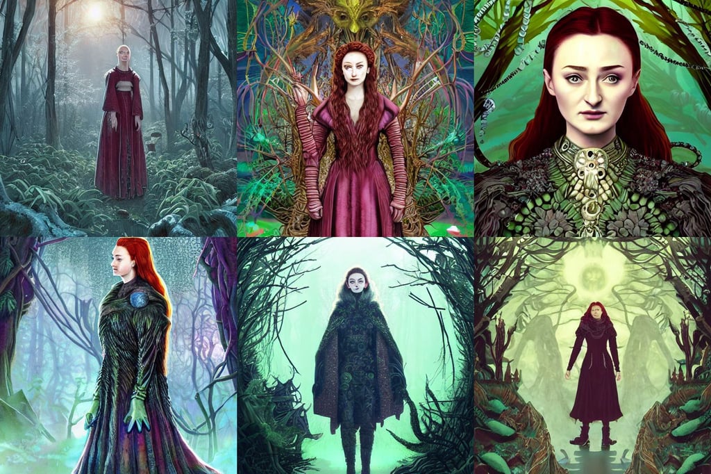 portrait of sansa stark in foggy forest, leader of the hell. intricate, unholy ritual, space opera and dystopian style, rapper bling jewelry, ernst haeckel, realistic todd solondz walking, jungle. in the style of katamari damacy, lighting bolts, & jeehyung lee & wlop, decorative frame