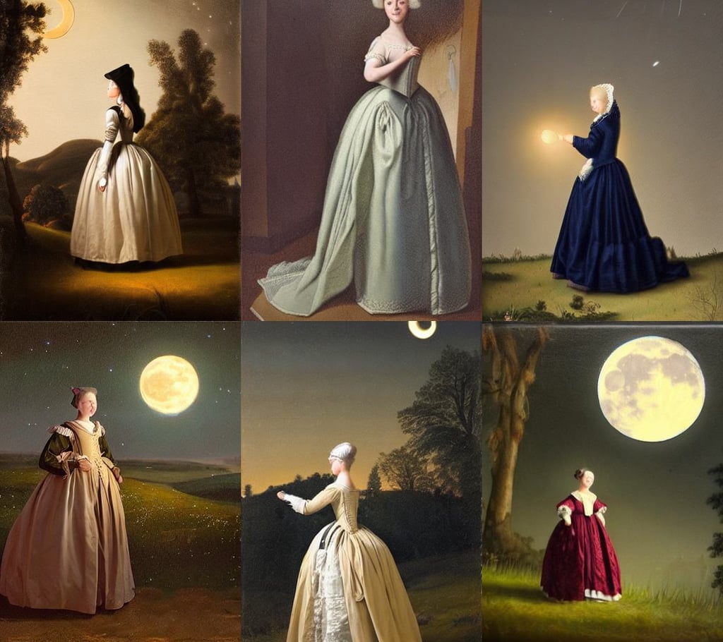 A hyperrealistic young woman, 1 8 th century clothing, nightfall. Quiet, beautiful moonlight night