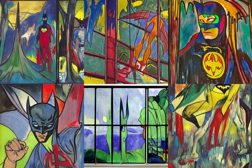 Batman Stained Glass Window, art by Paul Gauguin, art by Joseph-mallord William Turner, art by Gerhard Richter, art by Edvard Munch, ultra realistic, art by Francis Bacon, Oxidian, bleu, art by Jean-michel Basquiat, symmetrical, art by Diego Velázquez, trees, twilight, by beksinski, art by Domenikos Theotokopoulos, art by Pablo Picasso, robotic eyes