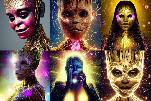 a source of light surrounded with spiriling sparkling rose crystals and galaxies, cg society, strong nose down, i am groot, respirator, fishnets, black person, dark blonde hair with two strands around her face, golden light, Baroque art, hindu cosmology