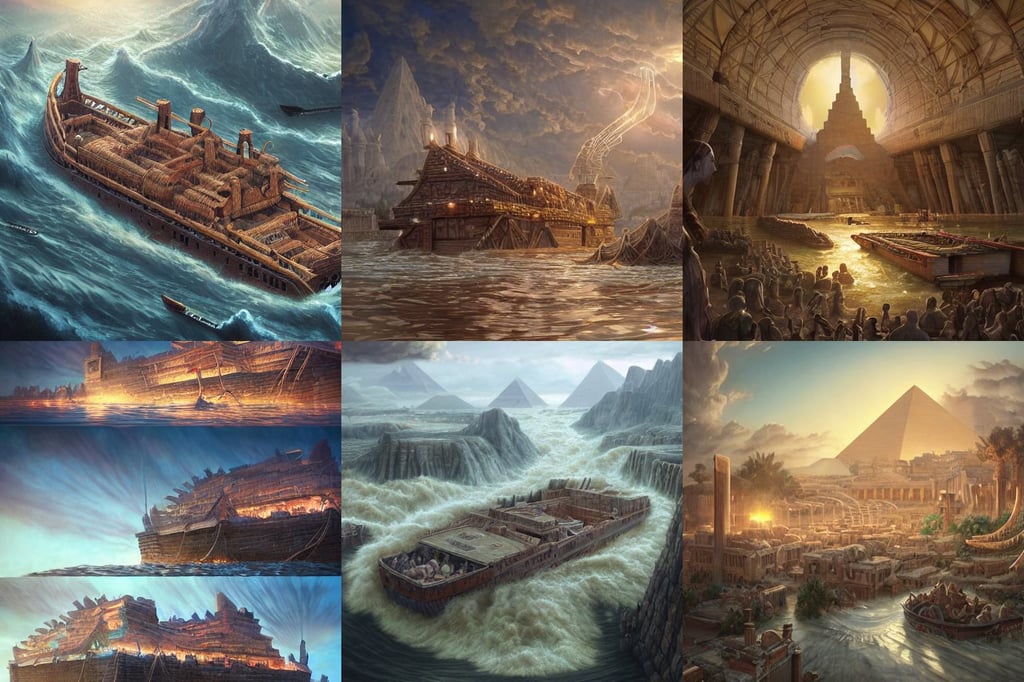 a detailed matte painting of noah's ark during the flood, by artgerm and Villeneuve, roman city | unreal engine 5, maplestory, by guweiz and wlop and ilya kuvshinov and artgerm and josan gonzalez, egyptian design, hyper - detailed visionary art, glowing fingers, big white strings from wrists to ceiling, cottage, clockwork steampunk, walking into work and leaving a trail of green goop behind itself, a anime girl with long hair and a high school cosplay outfit and wearing a Orca coat, art by artgerm and paul chadeisson and greg rutkowski and alphonse mucha, sunset by ilya kuvshinov