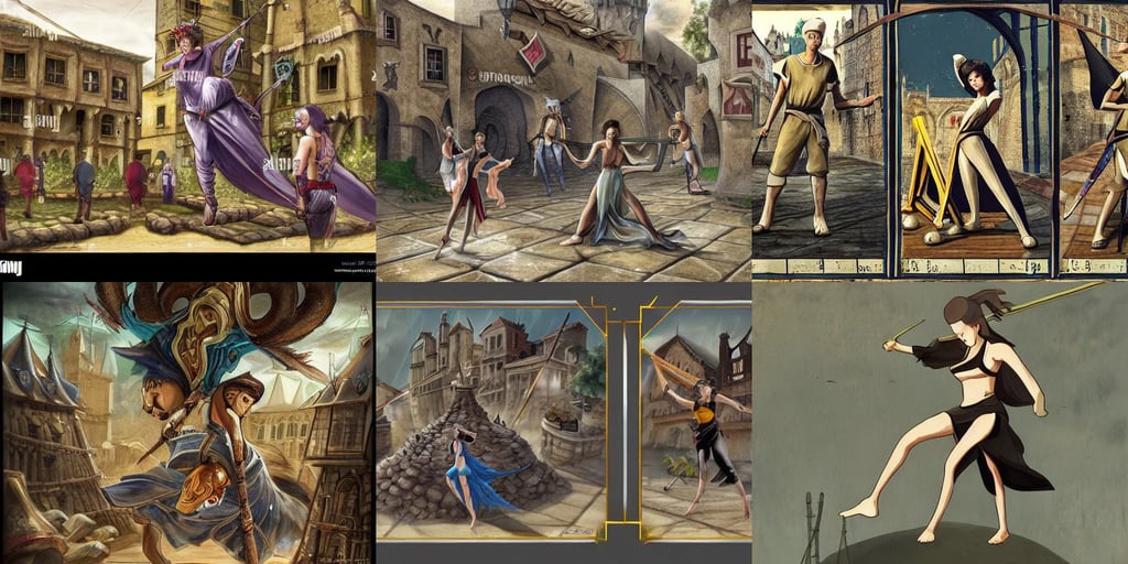 empty medieval port town marketplace pokemon sword and sheild, wind sorcerer, great battle, golden ratio illustration, enoch bolles, transparent clothing, asian women, working together to make the most of what they have. they're also brave and determined, by nicola samori, in a heat day, dense verdant foliage, adi meyers, two people doing acroyoga in a jungle, female troll shaman