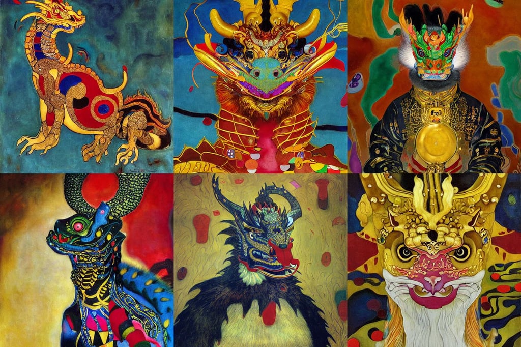 Cute regal handsome eastern dragon. Cinematic lighting, surreal, realistic, art by Gustav Klimt, film grain, high detail, art by Domenikos Theotokopoulos, art by Jean-michel Basquiat, art by Wassily Kandinsky - Photo, detailed, art by Jan Van Eyck, and Shinkai Makoto, art by Joan Miró, art by Diego Velázquez, alpenglow, cute, hyper detail