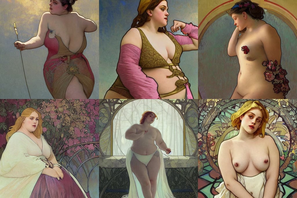 very obese lili reinhart in swimsuit, woolen torso in medieval clothes, no borders, comfortable, ethereal flowerpunk, by alphonse mucha and greg rutkowski, stylized  painterly, by dariusz zawadzki, beeing happy, full perfect, gas lighting, thighs close up, space station, tool