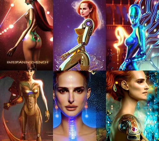 hyperdetailed stunningly beautiful female djinn robot made of iridescent metals and shiny gems, visual novel key visual, extra mechanical arms on his back, engraved, Irina French, precisionism, emitting smoke and sparks, redhead Natalie Portman  as a optimistic!