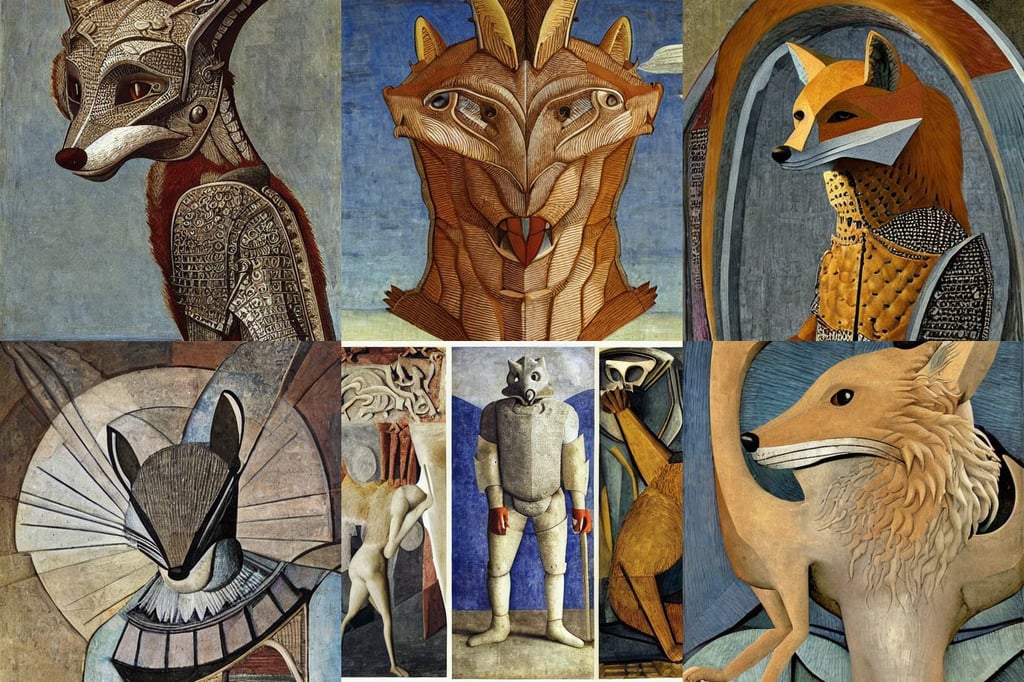 anthropomorphic highly detailed fox wearing dragon armour, De-Noise, full body, brutalism, intricate design, art by Diego Velázquez, art by Piero Della Francesca, art by Pablo Picasso, opalesence