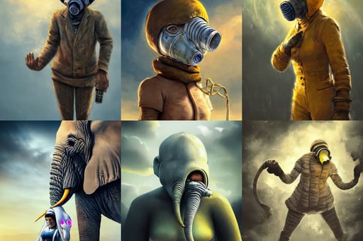 cinematic portrait of one elephant man, penned with thin colors on white, extremely hyper-detailed, bright lighting, raging dynamic sky, marc _ simonetti, anime key visual of young female, yellow skin, wearing a gas mask