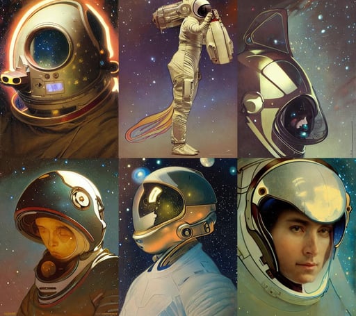 Astronaut helmet is a reflection of stars and galaxies. Space exploration, puppet, electric sparks, Krenz, fantasy concept art by alphonse mucha and greg rutkowski