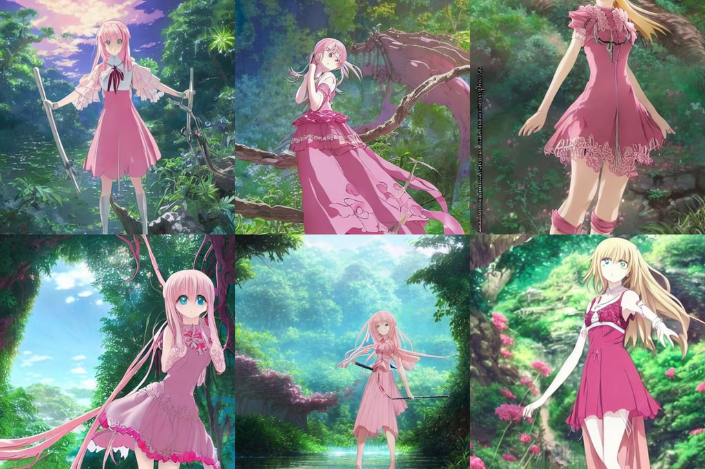 teen elf girl, by ufotable anime studio, chic flowing pink dress, intricate and detailed lace set, surrounding jungle, || VERY ANIME, Mouth, Gordon Freeman, thomas cole, jessica alba : : as fun cyborg woman by weta