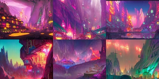 a bright fantasy city built within a vast cave, rgb, medieval, pink neon lights glow everywhere, colorful background!!!, 8 k jesper ejsing, purple cape