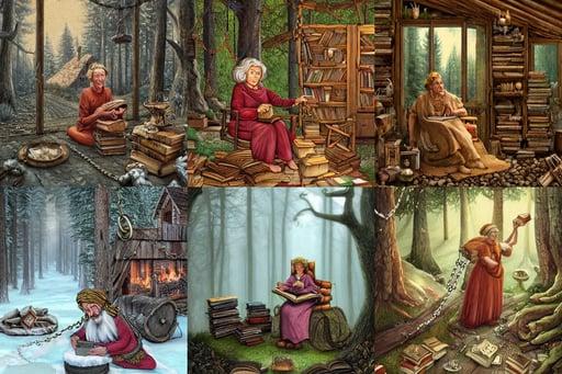 an achingly beautiful, picture, highly detailed by florian dreyer, digital cartoon painting art, forest cabin background, elderly greek hearth goddess, chained living books, cinestill 8 0 0 t