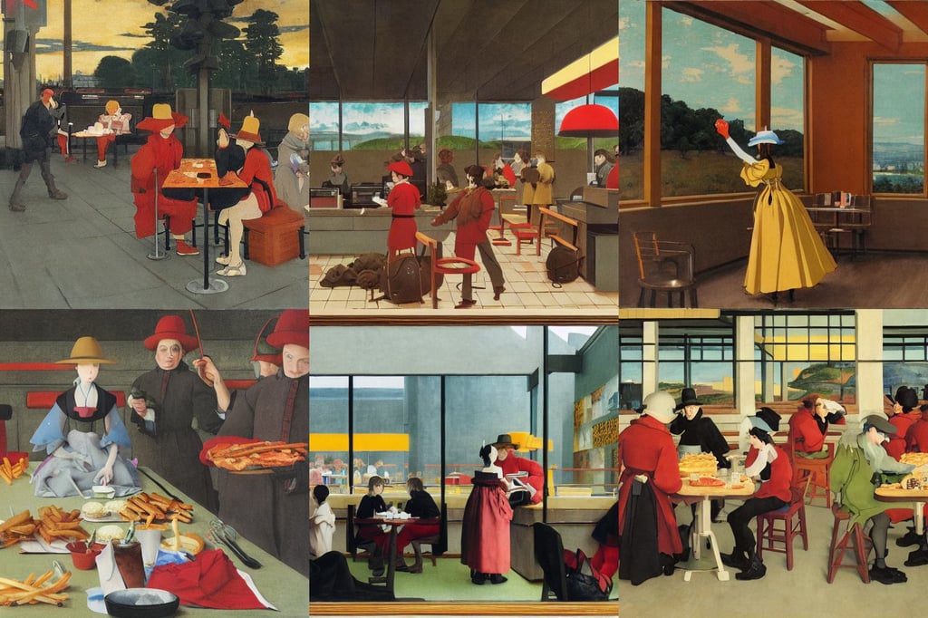 McDonalds by the Interstate Highway by Studio Ghibli, art by Jan Van Eyck, art by Winslow Homer, art by Francis Bacon, full figure drawing