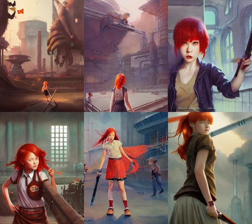 watercolor artwork of exotic, ultrarealistic redhead schoolgirl, huge factories, bobby chiu, rock concert, jedi knight, royally decorated, Dribbble, high octane render, art by Greg Rutkowski and Marc Simonetti